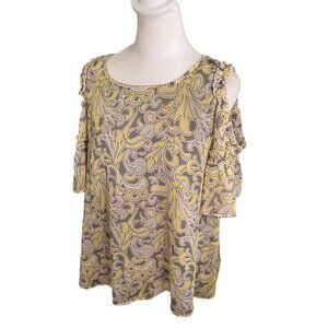 Cato NWT Cold Shoulder Blouse Gray & Yellow Floral Ruffle Trim JM Sportswear Siz